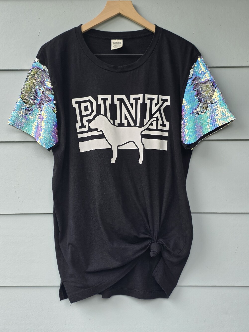 Victoria’s Secret PINK LARGE Mermaid Flip Sequins Bling Tee Black Top Rare L